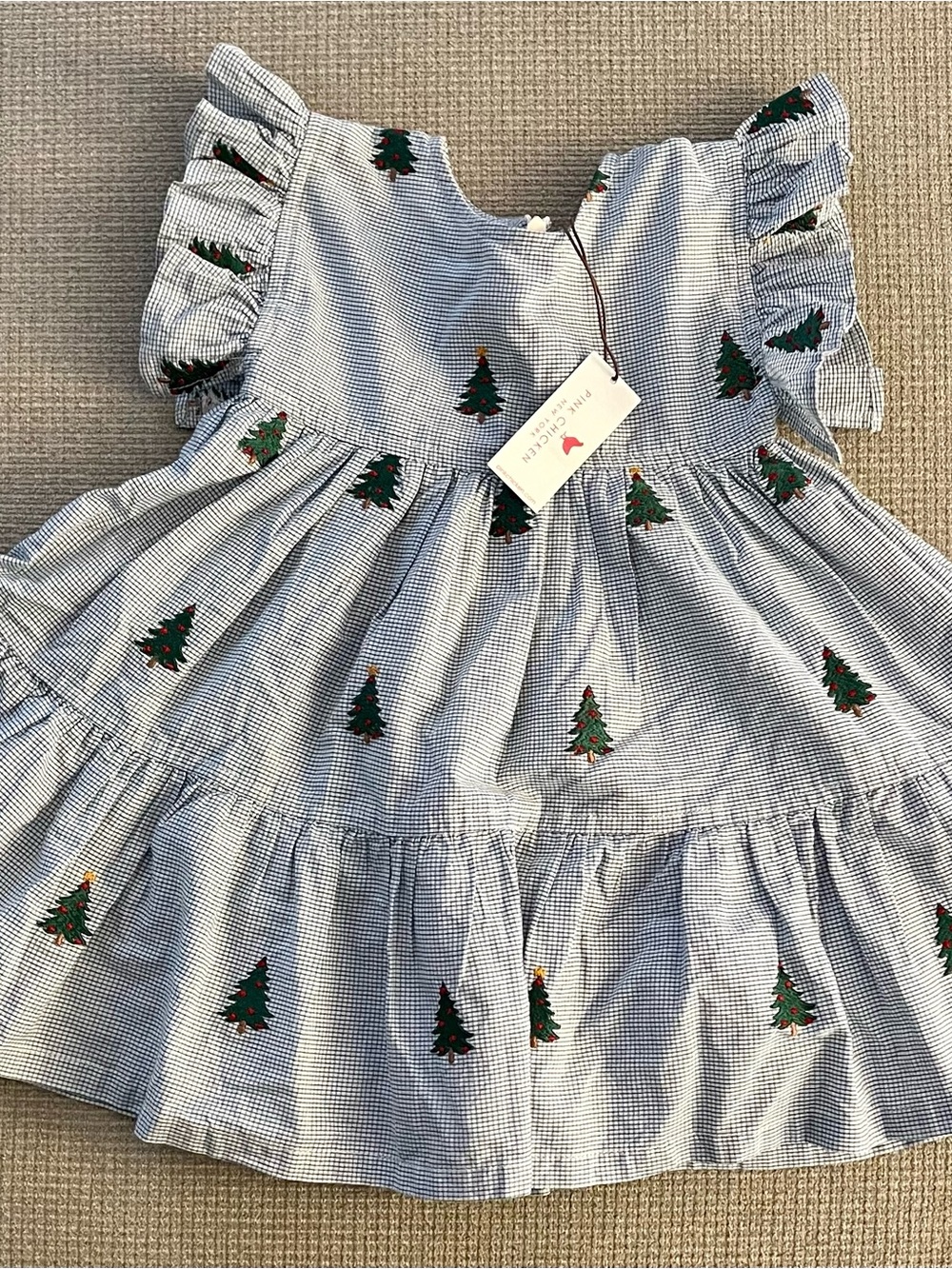 Pink Chicken Blue Gingham Dress with Green Tree Embroidery